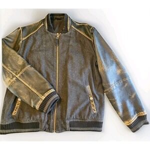 Tommy Bahama Denim Bomber Jacket Men's Large Wool Blend Leather Sleeves